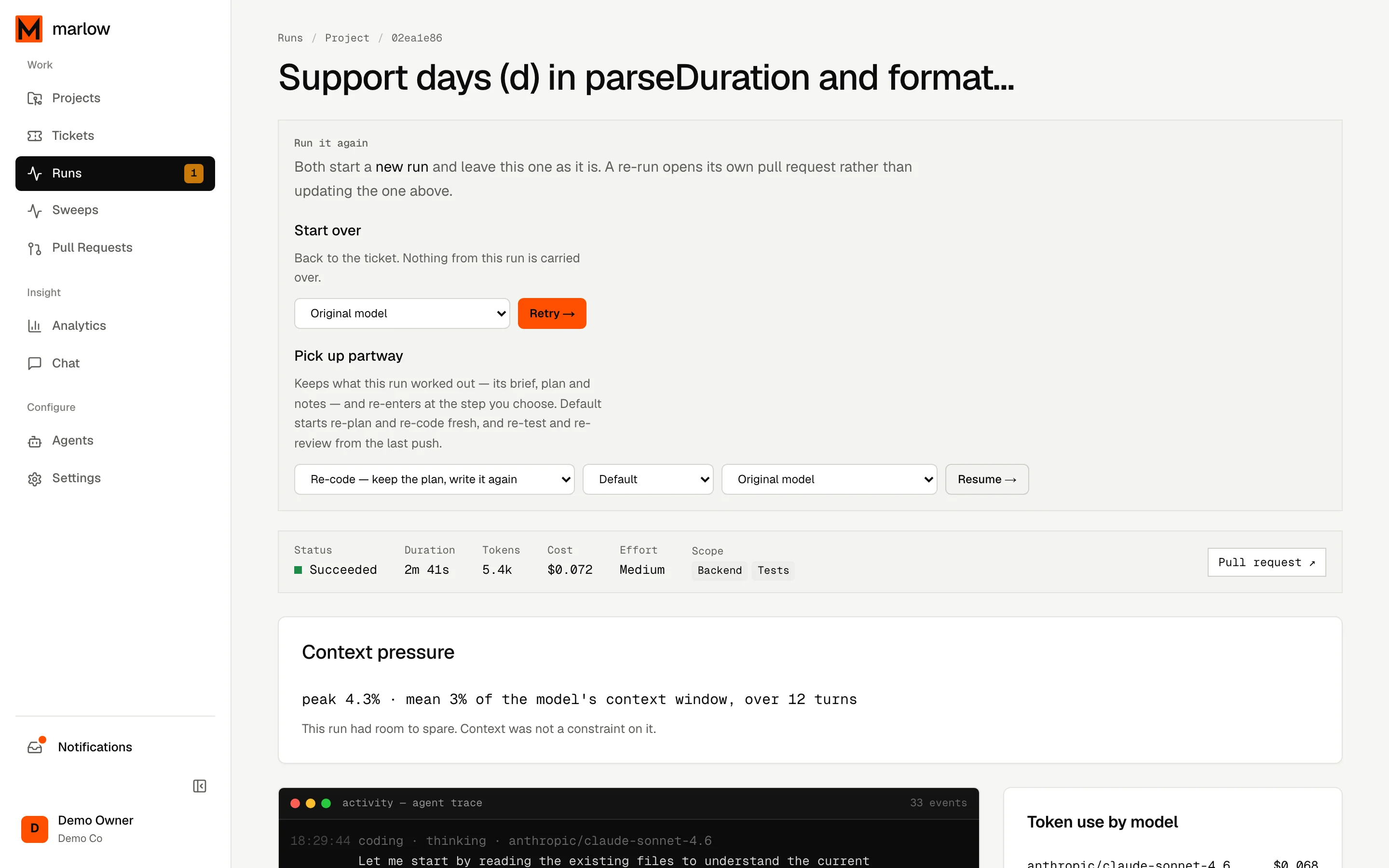 One run from ticket to pull request: each step, its model calls and its cost